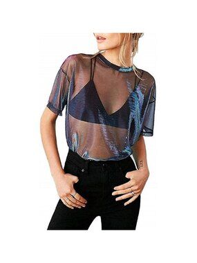 Women’s Navy Purple Metallic Mesh Short Sleeve Sexy See-Through Shirt Top